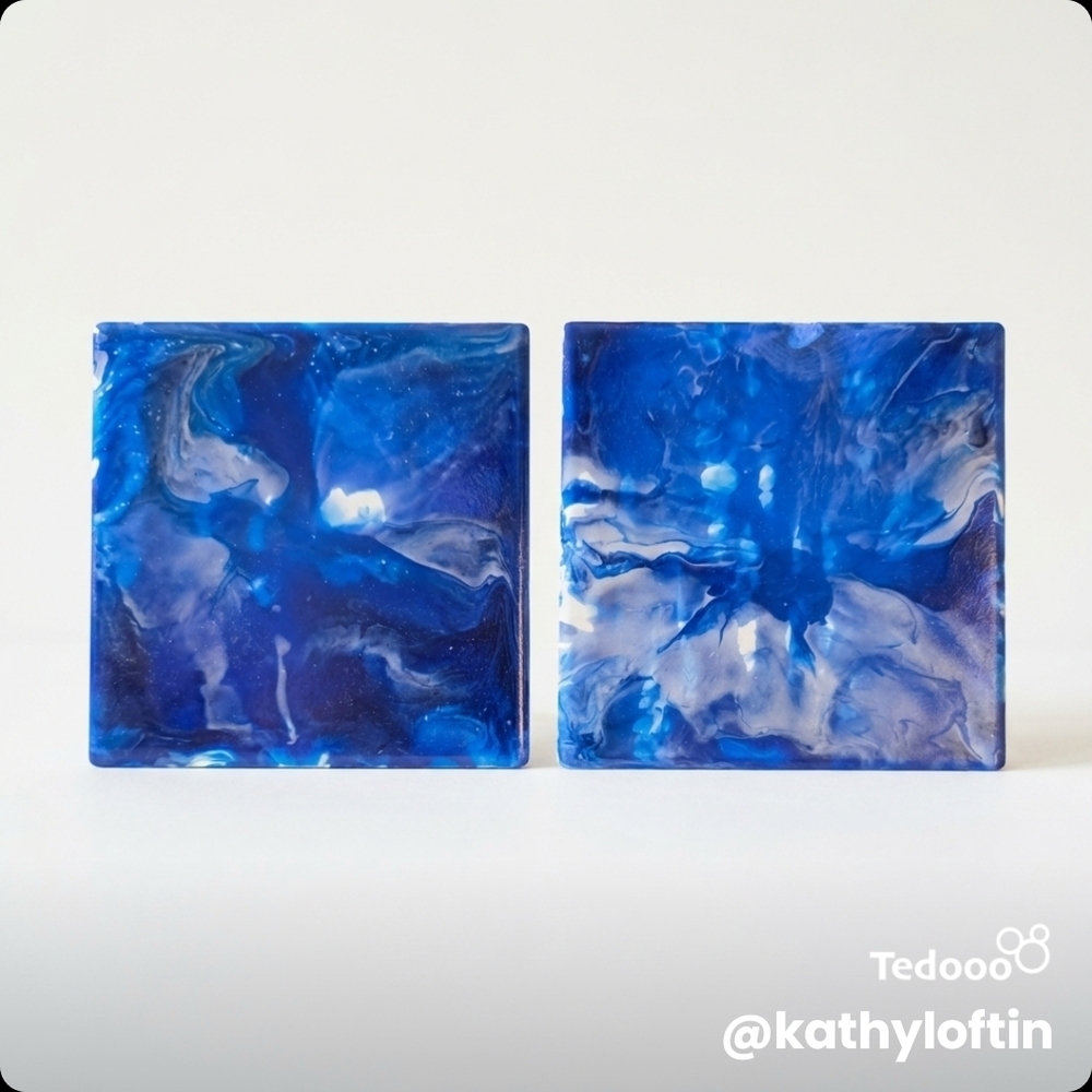 Hand Painted Ceramic Coasters - Swirled Ocean Design In Blues And White